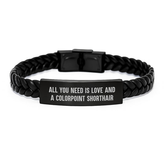 Colorpoint Shorthair Cat Lover Gifts, Inspirational Quote: All You Need is Love, Unique Interlaced Leather Bracelet for Men, Women, Friends - Image 1