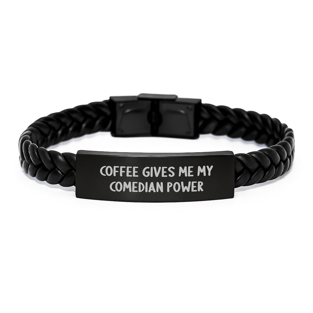Funny Comedian Gifts from Friends - Comedian Interlaced Leather Bracelet with 'Coffee Gives Me My Comedian Power' Quote, Christmas Unique Gifts for Men, Women, Comedian Fans - Image 1