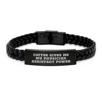 Load image into Gallery viewer, Funny Gift for Physician Assistant, Unique Interlaced Leather Bracelet for Valentine's, 'Coffee Gives Me My Physician Assistant Power' Engraved Stainless Steel and PU Leather - Image 1
