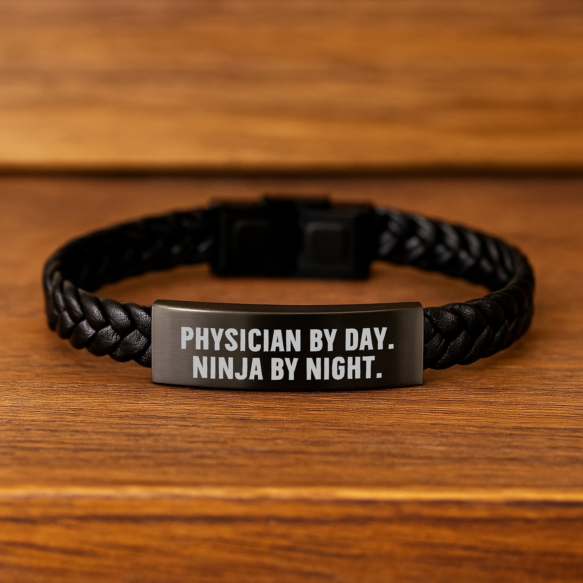 Funny Physician Gifts from Friends Birthday Unique Interlaced Leather Bracelet, Stainless Steel Engraved Ninja Physician By Day - Image 2