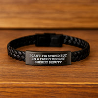 Load image into Gallery viewer, Funny Sheriff Deputy Gift, &#39;I Can&#39;t Fix Stupid&#39; Interlaced Leather Bracelet for Men - Unique Christmas Memorable Presents - Image 2
