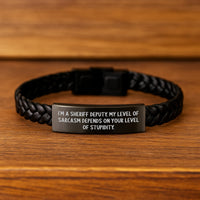 Load image into Gallery viewer, Funny Sheriff Deputy Gifts, &#39;I&#39;m A Sheriff Deputy. My Level Of Sarcasm Depends On Your Level Of Stupidity.&#39; Interlaced Leather Bracelet for Birthday - Gifts from Men to Sheriff Deputy - Image 2

