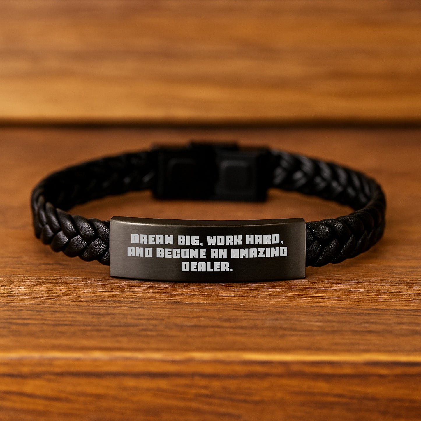 Inspiring Dealer Gifts from Friends - Gift Ideas for Men Graduation Unique Gifts, Interlaced Leather Bracelet with Stainless Steel, 'Dream Big, Work Hard, And Become An Amazing Dealer.' - Image 2
