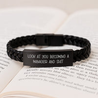 Load image into Gallery viewer, Funny Manager Gifts for Men - Interlaced Leather Bracelet with &#39;Look At You Becoming A Manager And Shit&#39; Quote, Gifts from Friends to Family, Graduation Unique Gifts - Image 3
