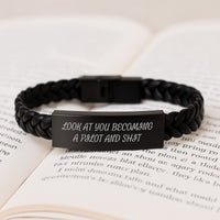 Load image into Gallery viewer, Pilot Gift for Graduation, Funny Interlaced Leather Bracelet with Engraved Stainless Steel, Gifts from Friends or Family for Pilot Men, Unique Pilot Gifts for Him - Image 3
