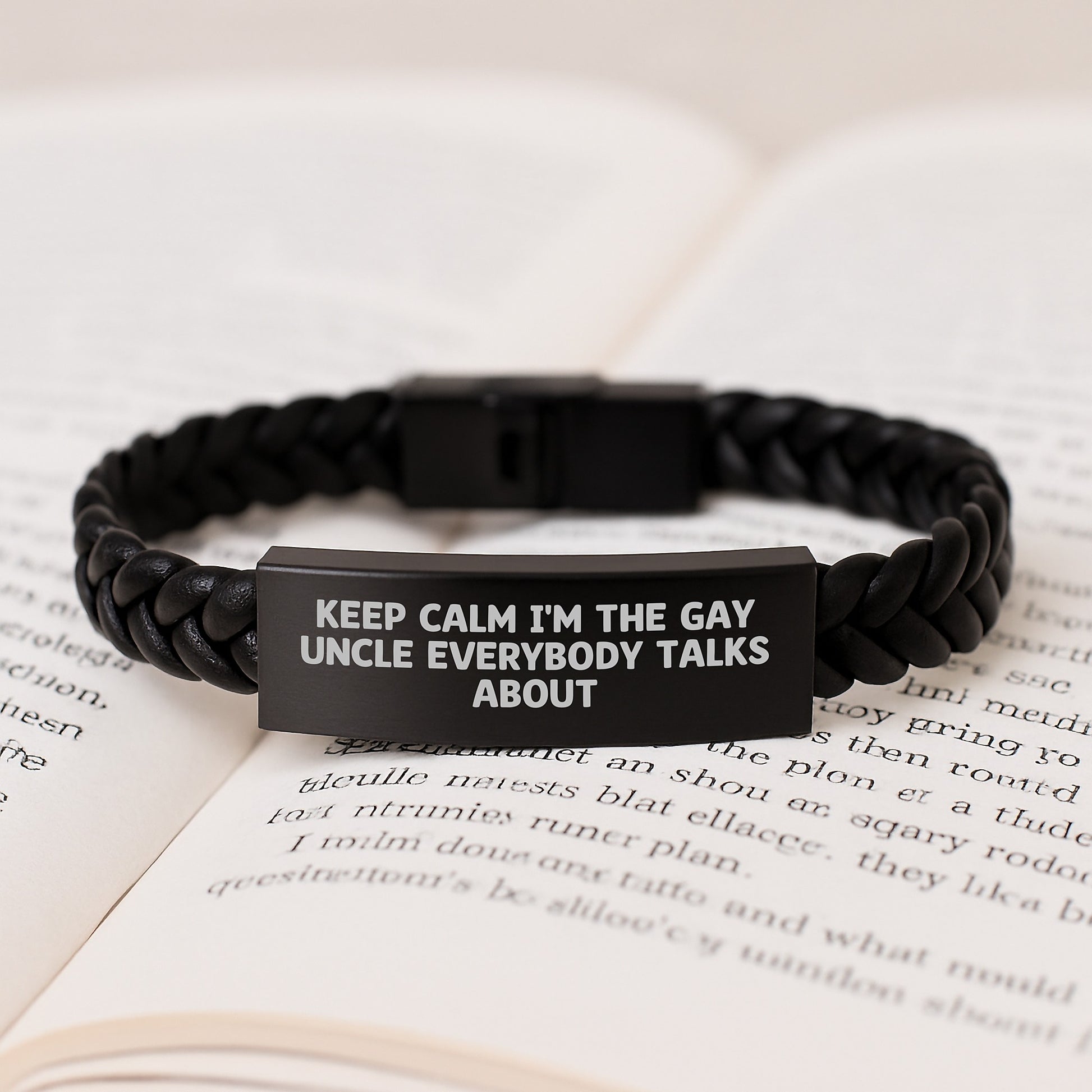 Funny Uncle Gifts from Men, Unique Interlaced Leather Bracelets for Graduation, 'Keep Calm I'm The Gay Uncle Everybody Talks About' - Image 3