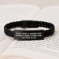 Load image into Gallery viewer, Funny Writer Gifts from Friends - Interlaced Leather Bracelet for Graduation - &#39;Don&#39;t Trust A Writer...&#39; - Image 3
