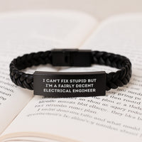 Load image into Gallery viewer, Electrical Engineer Gifts from Friends Funny Interlaced Leather Bracelet for Him Birthday Present, &#39;I Can&#39;t Fix Stupid But I&#39;m A Fairly Decent Electrical Engineer&#39; Quote - Image 3

