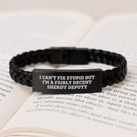 Load image into Gallery viewer, Funny Sheriff Deputy Gift, &#39;I Can&#39;t Fix Stupid&#39; Interlaced Leather Bracelet for Men - Unique Christmas Memorable Presents - Image 3
