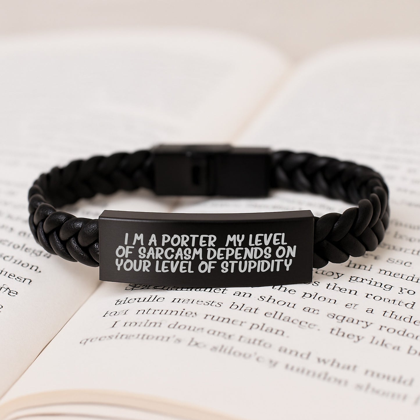 Gifts from Friends - Funny Porters Sarcasm Level Leather Interlaced Bracelet, Christmas Unique Gifts for Men, Friends, Coworkers, Funny Quote Engraved Stainless Steel - Image 3