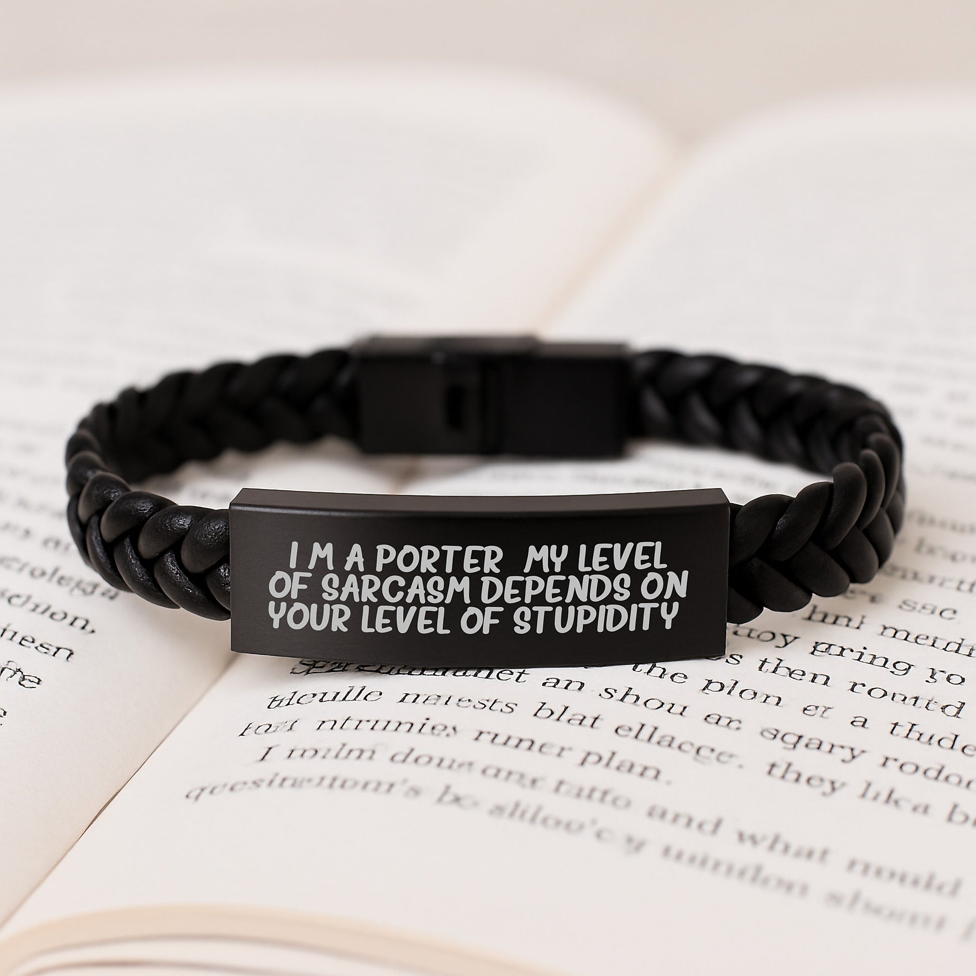 Gifts from Friends - Funny Porters Sarcasm Level Leather Interlaced Bracelet, Christmas Unique Gifts for Men, Friends, Coworkers, Funny Quote Engraved Stainless Steel - Image 3