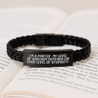 Load image into Gallery viewer, Gifts from Friends - Funny Porters Sarcasm Level Leather Interlaced Bracelet, Christmas Unique Gifts for Men, Friends, Coworkers, Funny Quote Engraved Stainless Steel - Image 3

