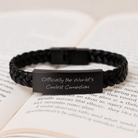 Load image into Gallery viewer, Funny Comedian Gifts for Men, Unique Interlaced Leather Bracelet, &#39;Officially The World&#39;s Coolest Comedian&#39; Quote, Christmas Unique Gift from Friends - Image 3
