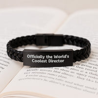 Load image into Gallery viewer, Director Gifts from Friends - Funny Quote &#39;Officially The World&#39;s Coolest Director&#39; Interlaced Leather Bracelet, Christmas Unique Presents for Men, Women, Coworkers - Image 3
