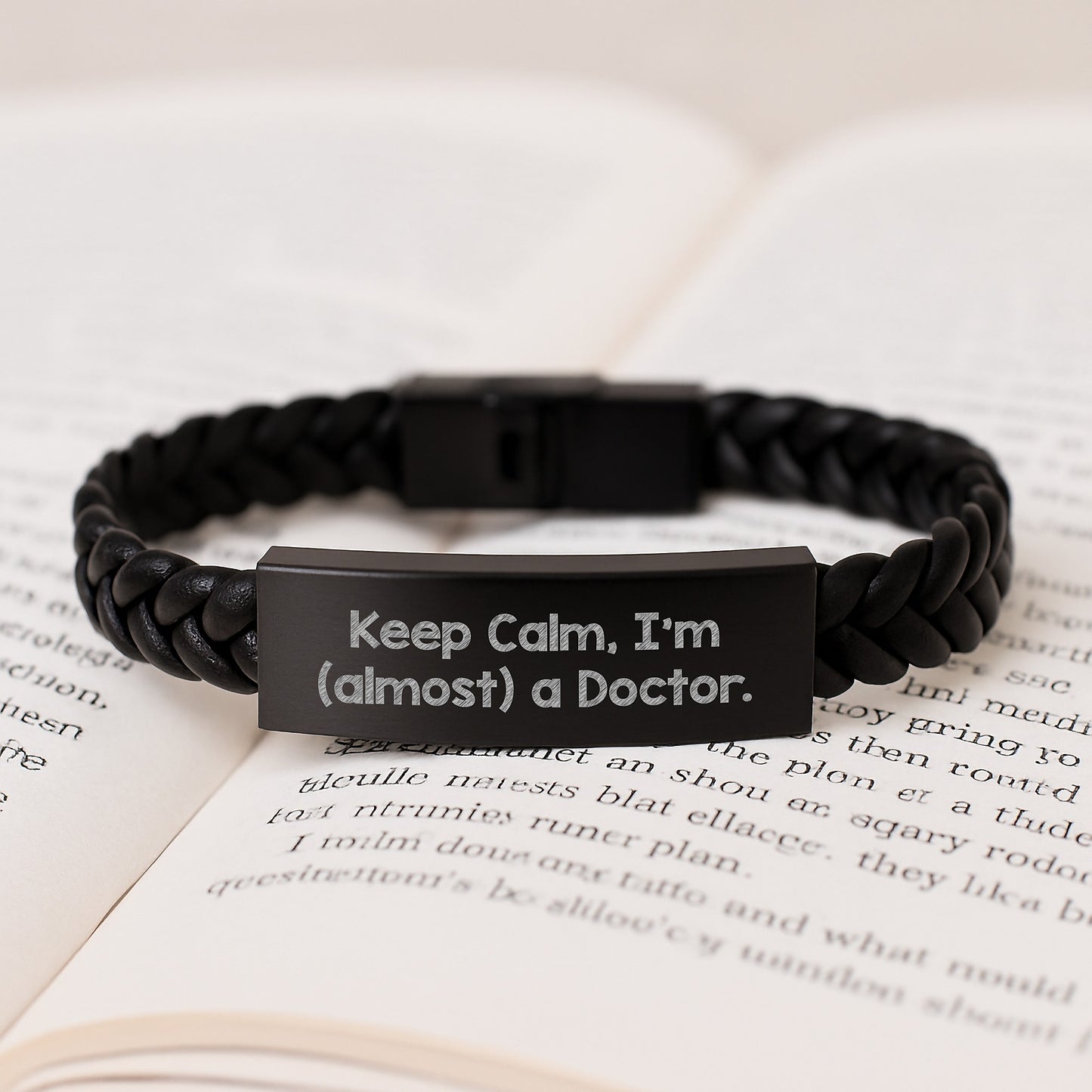 Funny Doctor Gifts, Keep Calm I'm Almost A Doctor Interlaced Leather Bracelet for Men, Unique Father's Day Presents for Doctors, Stainless Steel Leather Cuff - Image 3