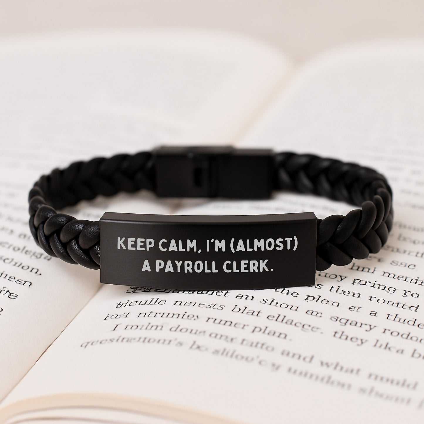 Funny Payroll Clerk Gifts for Men, Interlaced Leather Bracelet with Quote 'Keep Calm, I'm (almost) A Payroll Clerk.', Valentine's Unique Gifts from Friends to Coworkers - Image 3