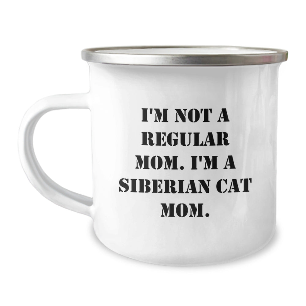 Siberian Cat Mom Camping Mug, Funny Quote 'I'm Not A Regular Mom. I'm A Siberian Cat Mom.', Christmas Unique Gifts for Friends, Family, or Coworkers, 12 oz Stainless Steel with Enamel Finish - Image 1