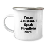 Load image into Gallery viewer, Funny Assistant Gifts from Men or Women for Assistant Friends or Coworkers - Christmas Unique Gifts - 'I'm An Assistant. I Speak Fluently In genius.' Camping Mug - Image 1
