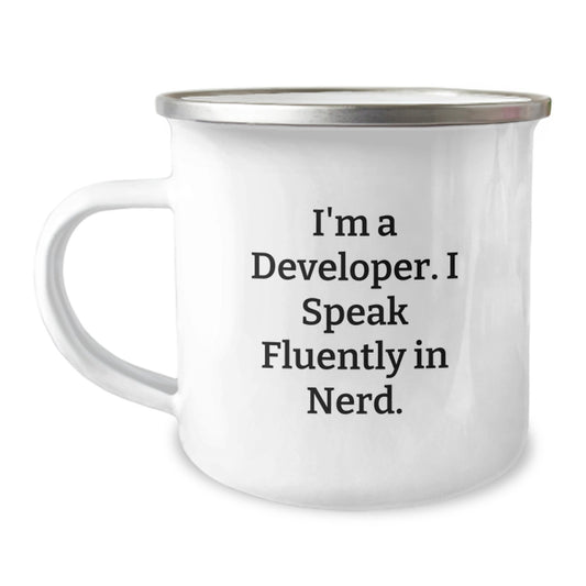 Funny Developer Gifts from Friends to Men Graduation Unique Mugs with I'm A Developer. I Speak Fluently In genius. Quote, Camping Mug for Developer Enthusiasts - Image 1