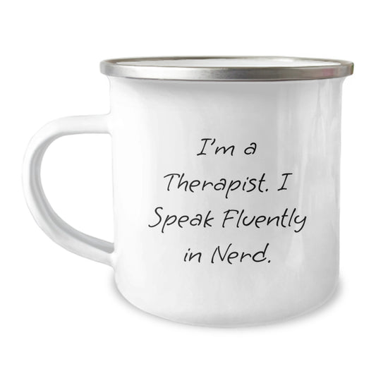 Funny Therapist Gifts from Friends for Graduation Unique Therapist Camping Mug - 'I'm A Therapist. I Speak Fluently In genius.' - Image 1