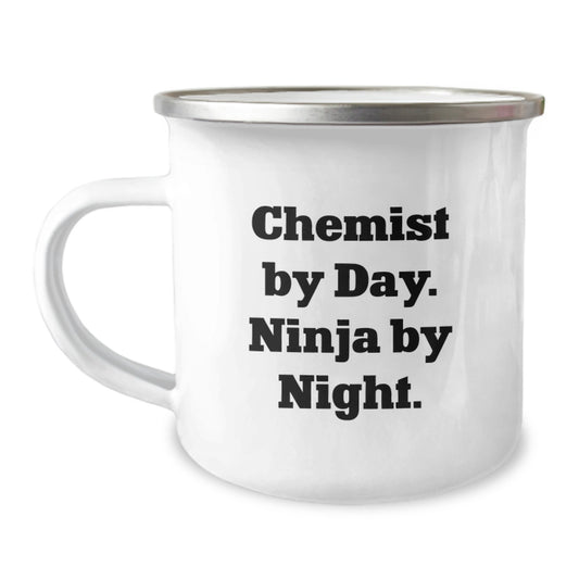 Chemist Lover Gifts from Men Valentine's Unique Camping Mug, Funny Quote - 'Chemist By Day. Ninja By Night.' - Image 1