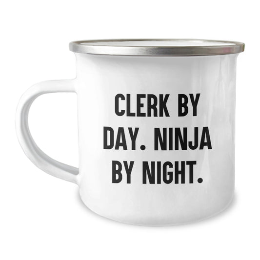 Clerk By Day Funny Birthday Unique Gifts from Friends for Men Camping Mug - Ninja By Night - Image 1