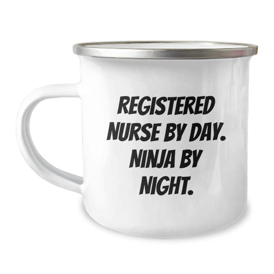 Unique Registered Nurse Gifts from Friends - 'Registered Nurse By Day. Ninja By Night.' Funny Birthday Camping Mug - Image 1