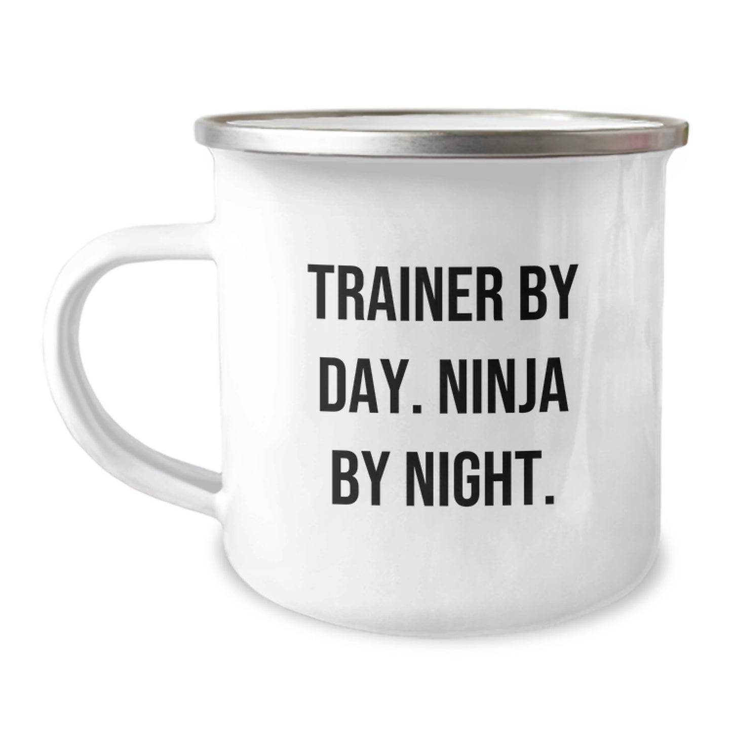 Trainer Gifts from Friends - Inspirational Camping Mug for Graduation Day, Trainer By Day. Ninja By Night., Funny Quote - Image 1