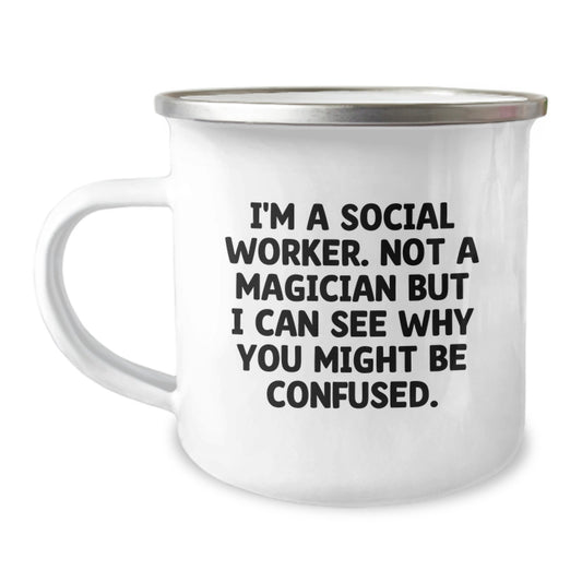 Funny Social Worker Gifts for Friends and Family, Enamel Camping Mug with Inspirational Quote, Gifts from Women, Graduation Unique Gifts for Social Worker - Image 1