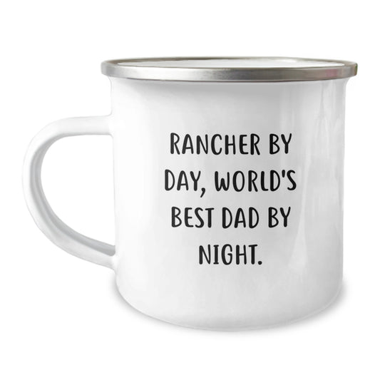 Rancher Gifts from Family - 'Rancher By Day, World's Best Dad By Night.' Funny Birthday Camping Mug - Image 1