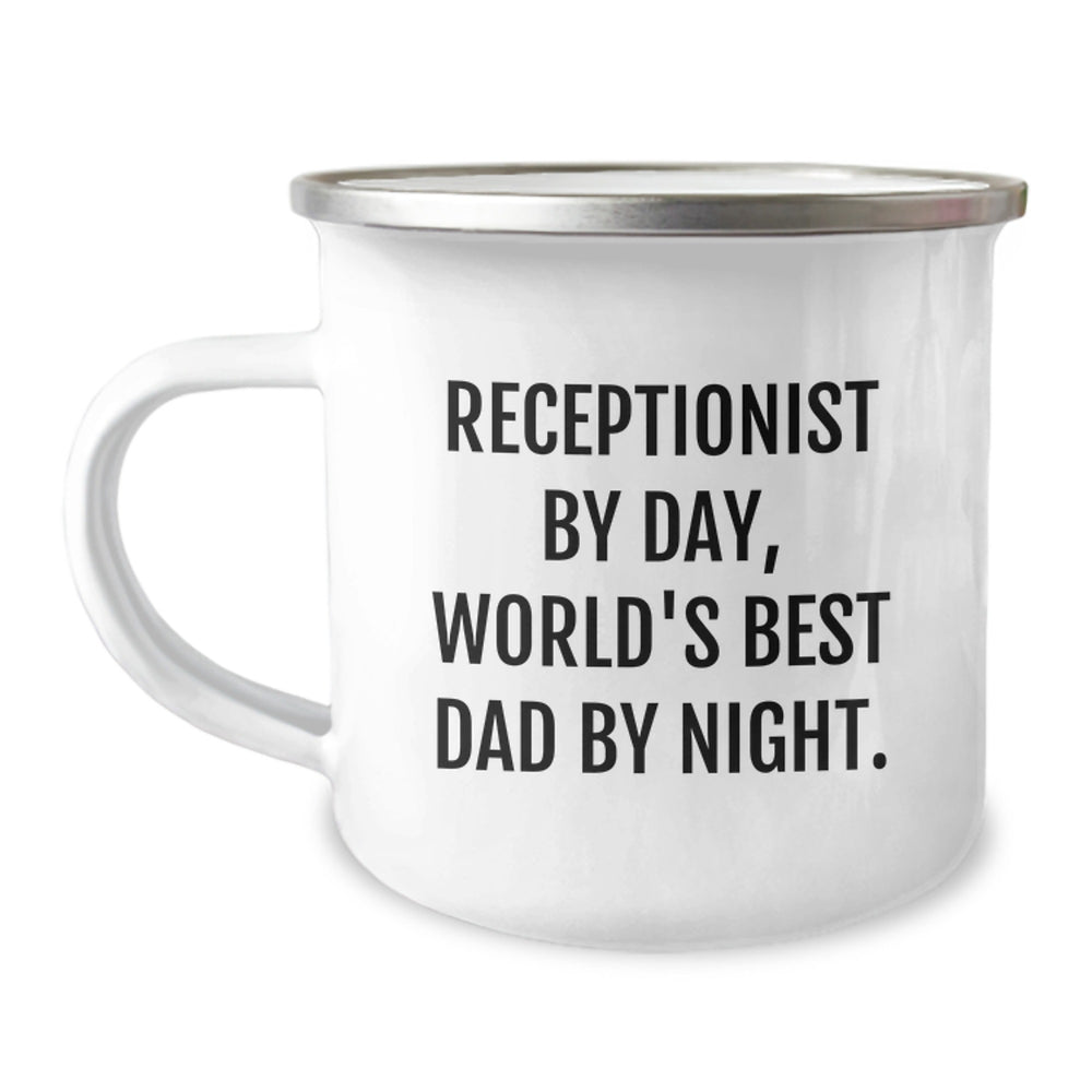 Receptionist Gifts for Graduation, Funny Camping Mug for Men from Family, 'Receptionist By Day, World's Best Dad By Night.' - Image 1