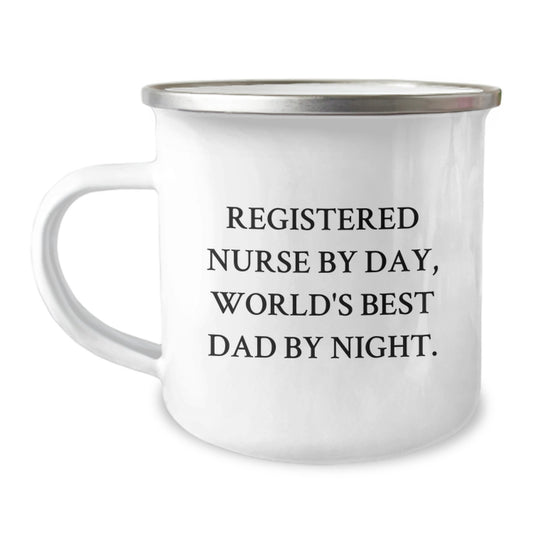 Registered Nurse Gifts, Funny Camping Mug, 'Registered Nurse By Day, World's Best Dad By Night.' - Gifts from Men for Registered Nurse on Birthday - Image 1
