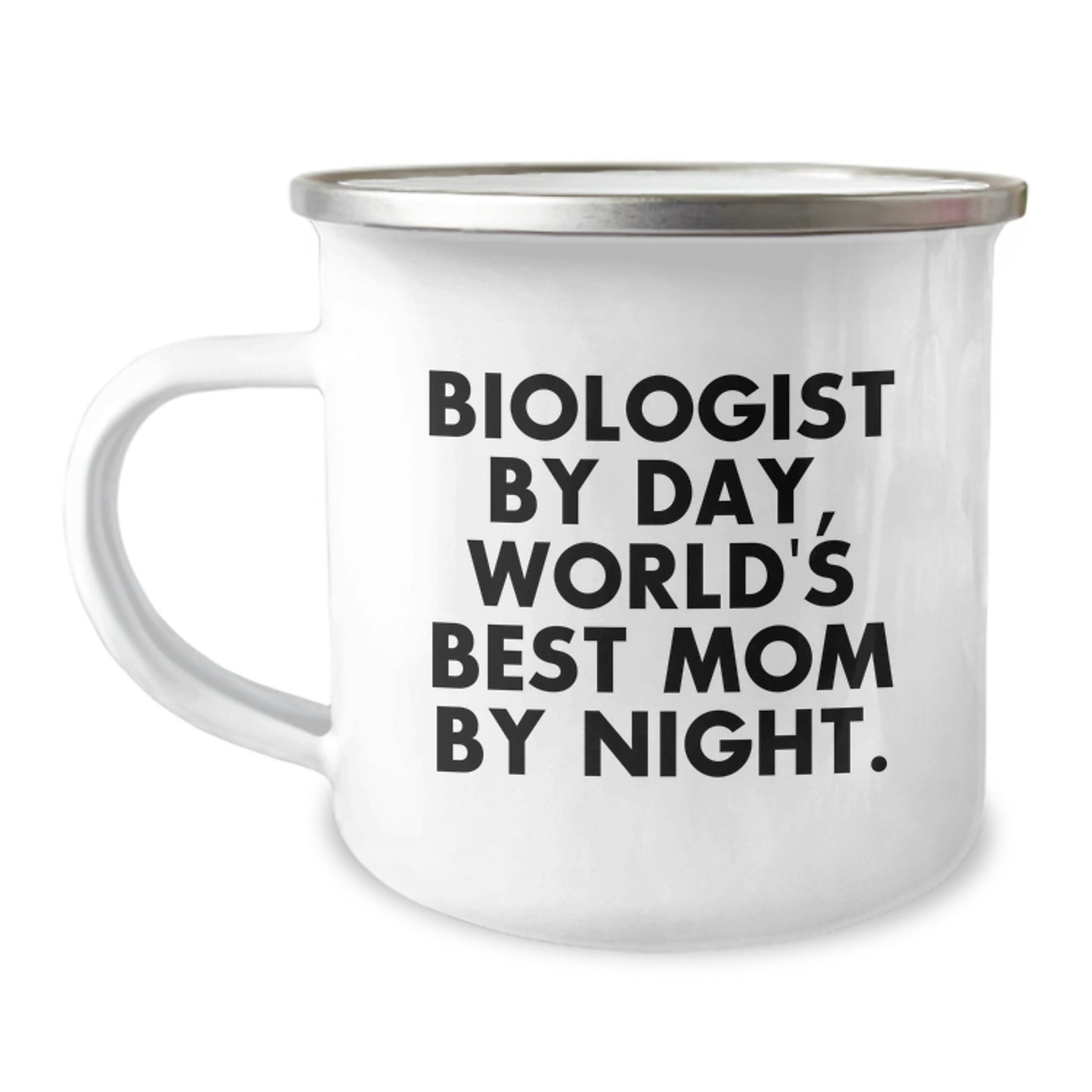 Funny Biologist Gifts for Valentine's - 'Biologist By Day, World's Best Mom By Night' Camping Mug for Biologist Enthusiasts, Stainless Steel with Enamel Finish, 12 oz Capacity - Image 1