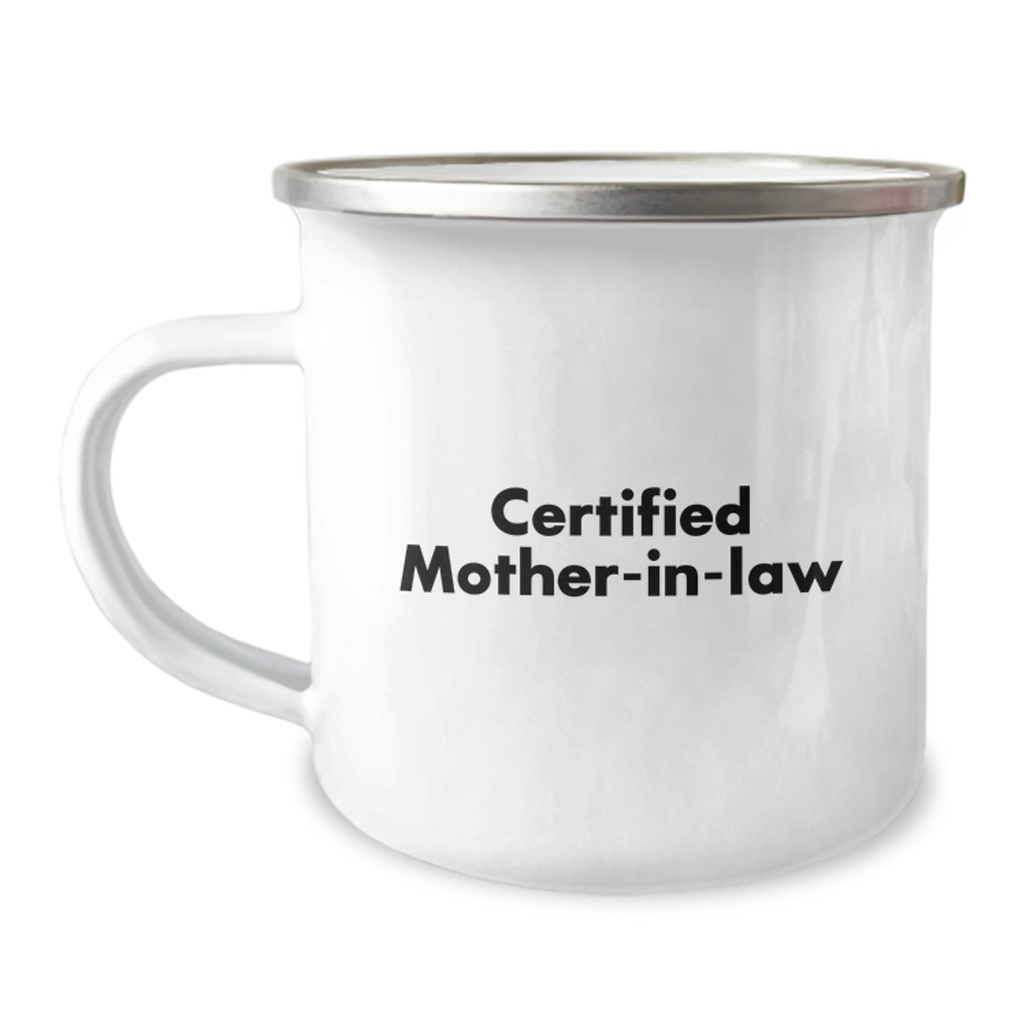 Funny Mom-in-law Gifts, Camping Mug for Valentine's, 'She's the Mom-in-law, I'm the Wife, and This is Why We Fight' Enamel Mug - Image 1
