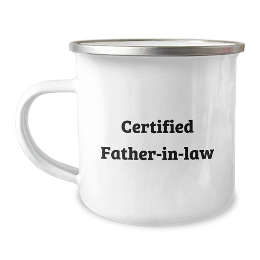 Funny Father-in-law Gifts, Camping Mug for Valentine's, 'Certified Father-in-law' Quote, Stainless Steel, Enamel Finish - Image 1