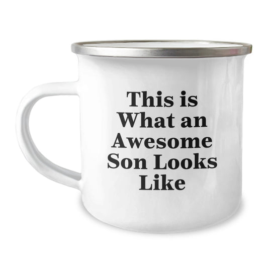 Funny Son Gifts from Mom for Men, Unique Camping Mug for Graduation, This Is What an Awesome Son Looks Like, 12 oz Stainless Steel Enamel Finish - Image 1