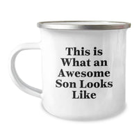 Load image into Gallery viewer, Funny Son Gifts from Mom for Men, Unique Camping Mug for Graduation, This Is What an Awesome Son Looks Like, 12 oz Stainless Steel Enamel Finish - Image 1
