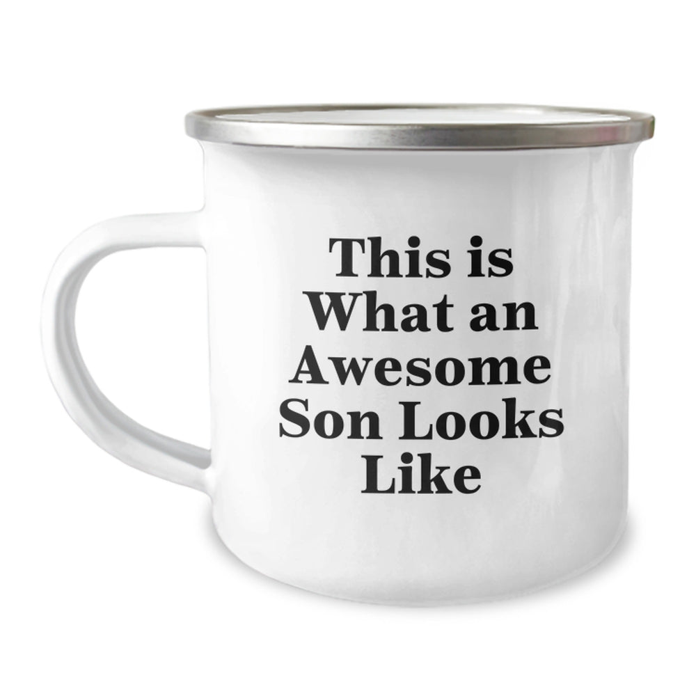 Funny Son Gifts from Mom for Men, Unique Camping Mug for Graduation, This Is What an Awesome Son Looks Like, 12 oz Stainless Steel Enamel Finish - Image 1