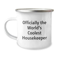 Load image into Gallery viewer, Funny Housekeeper Gifts for Her - &#39;Officially The World&#39;s Coolest Housekeeper&#39; Camping Mug, Stainless Steel with Enamel Finish, 12 oz Capacity, Christmas Unique Gifts from Friends and Family - Image 1
