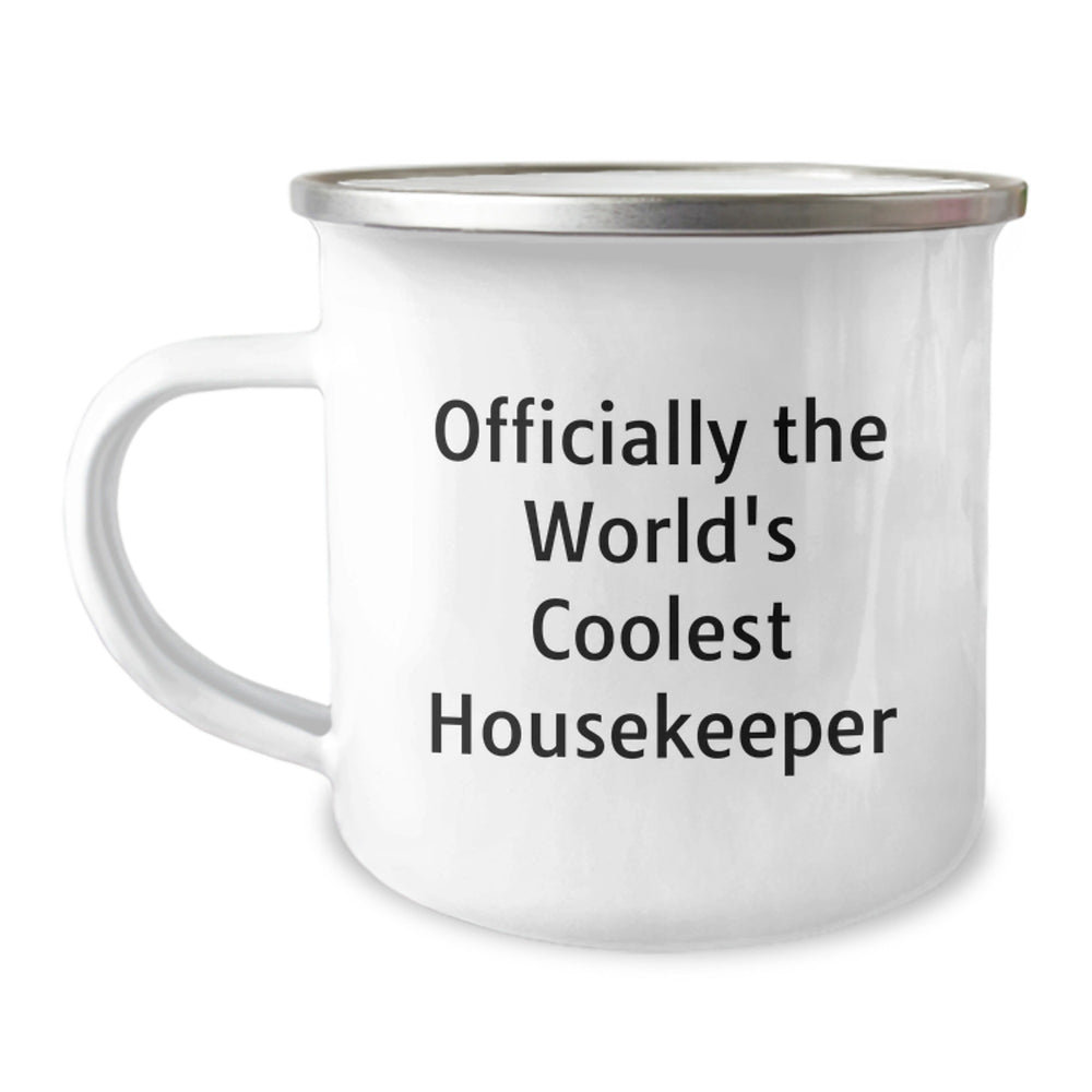 Funny Housekeeper Gifts for Her - 'Officially The World's Coolest Housekeeper' Camping Mug, Stainless Steel with Enamel Finish, 12 oz Capacity, Christmas Unique Gifts from Friends and Family - Image 1