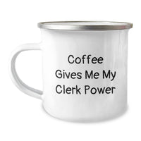 Load image into Gallery viewer, Cute Christmas Unique Gifts for Clerk Men from Friends, Funny &#39;Coffee Gives Me My Clerk Power&#39; 12 oz Stainless Steel Camping Mug with Enamel Finish - Image 1

