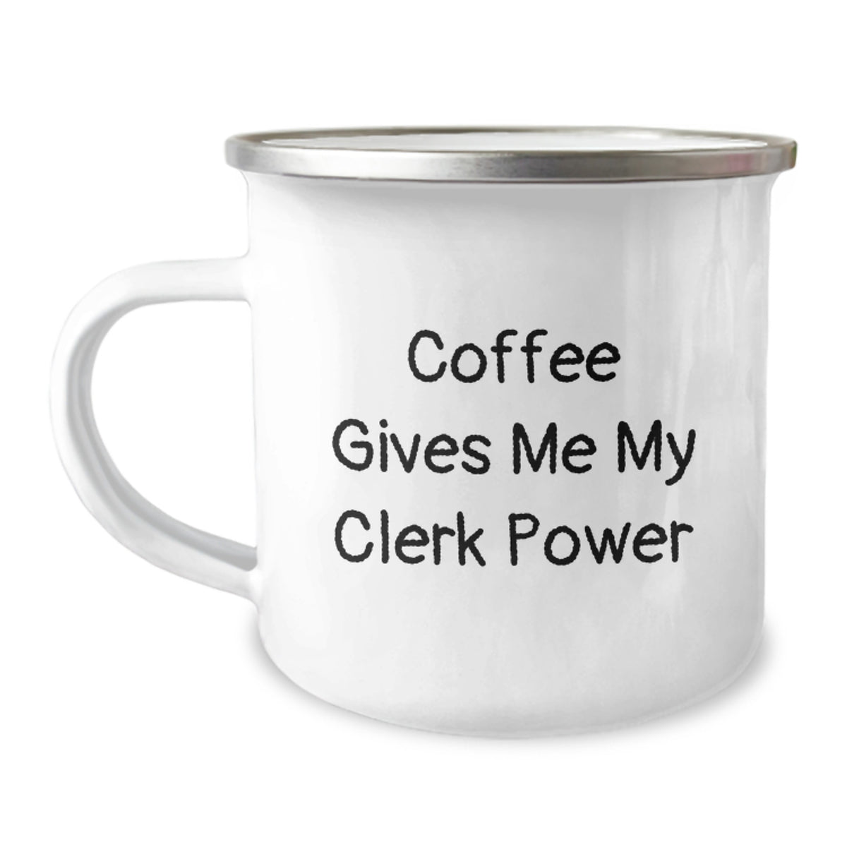 Cute Christmas Unique Gifts for Clerk Men from Friends, Funny 'Coffee Gives Me My Clerk Power' 12 oz Stainless Steel Camping Mug with Enamel Finish - Image 1
