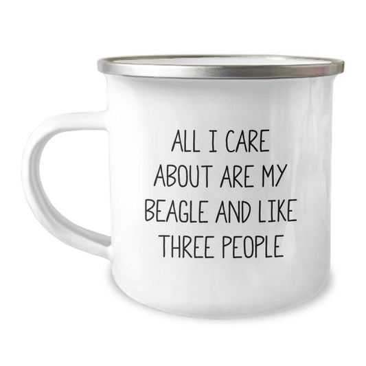 Beagle Dog Lovers' Birthday Unique Gift, Camping Mugs for Friends and Family, Funny Quote, 12 oz Stainless Steel with Enamel Finish, Gifts from Men, Women, Coworkers, Family - Image 1