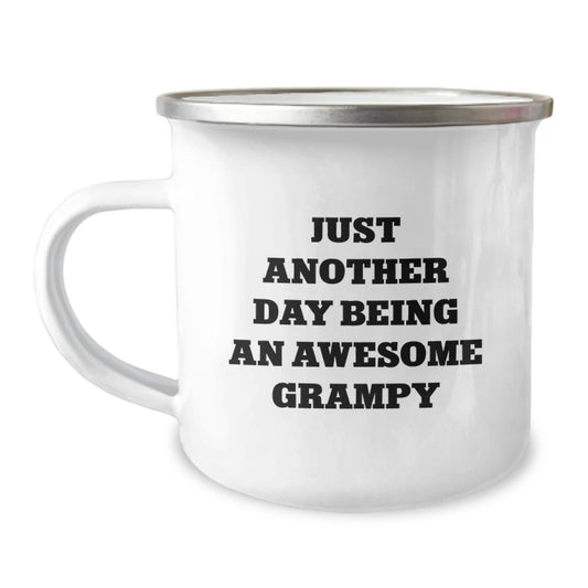 Funny Grampy Gifts for Men - Just Another Day Being An Awesome Grampy Enamel Camping Mug, Gifts from Family for Grampy's Graduation - Image 1