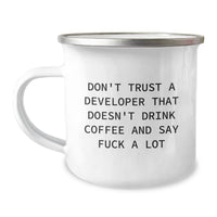 Load image into Gallery viewer, Funny Developer Gifts: Gifts from Friends for Developer, Enamel Camping Mug with Quote &#39;Don&#39;t Trust...&#39; - Image 1
