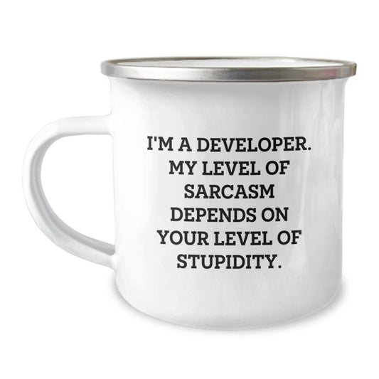 Funny Developer Gifts: Enamel Camping Mug, Gifts from Friends to Developer, Inspirational Quote for Birthday, 12 oz Stainless Steel, Perfect for Programmer, IT, or Coding Enthusiasts - Image 1