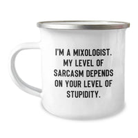 Load image into Gallery viewer, Funny Mixologist Gifts from Friends for Men - &#39;I&#39;m A Mixologist, My Level Of Sarcasm Depends On Your Level Of Stupidity&#39; Camping Mug, Stainless Steel with Enamel Finish - Image 1
