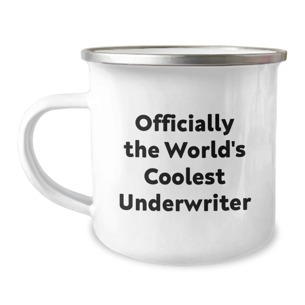 Funny 'World's Coolest Underwriter' Camping Mug Gifts for Men from Friends and Family at Christmas - Image 1