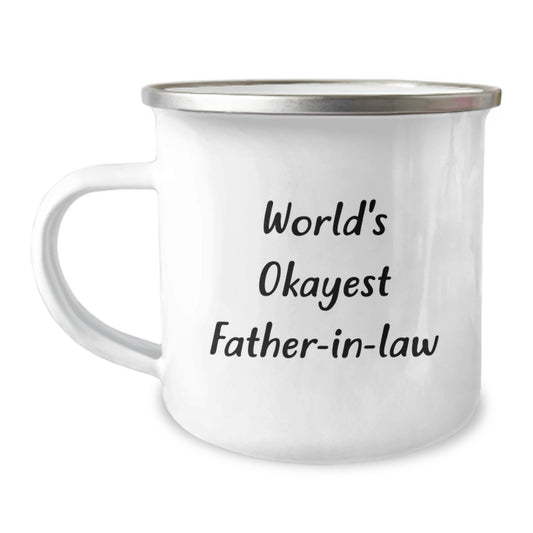 Funny Gifts from Family - World's Okayest Father-in-law Camping Mug, Birthday Unique Gift for Dad's Best Friend - Image 1