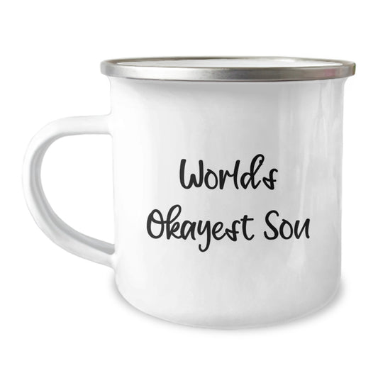 Funny Son Gifts from Dad, Personalized Camping Mug for Son, World's Okayest Son Humor - Image 1